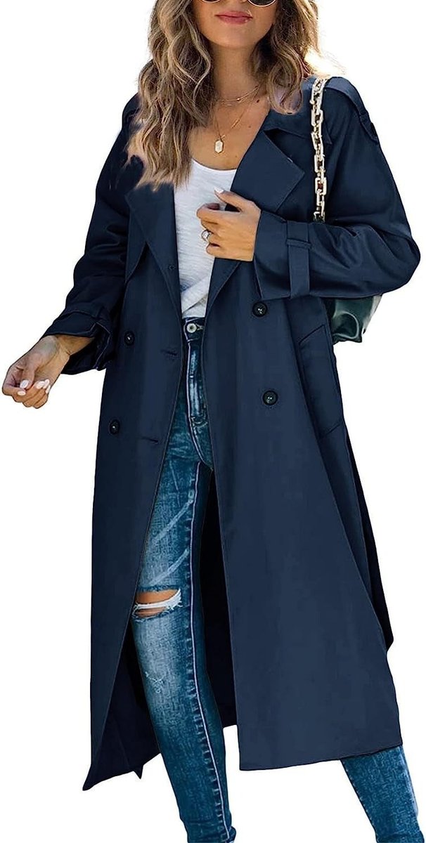 Women's Oversized Double-Breasted Belted Longline Trench Coat | Autumn - Navy Blue