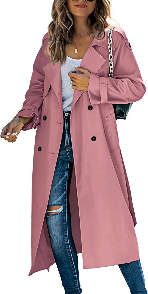 Women's Oversized Double-Breasted Belted Longline Trench Coat | Autumn - Pink