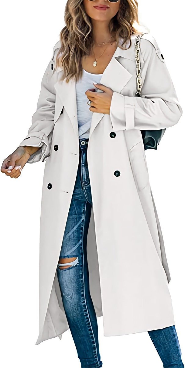 Women's Oversized Double-Breasted Belted Longline Trench Coat | Autumn - White