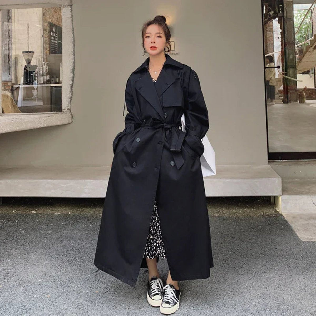 Women's Oversized Double-Breasted Maxi Trench Coat | Autumn - Black