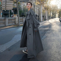 Women's Oversized Double-Breasted Maxi Trench Coat | Autumn - Grey