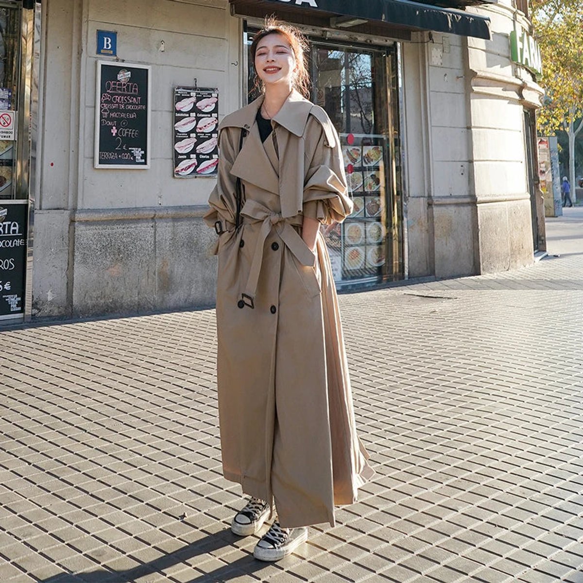 Women's Oversized Double-Breasted Maxi Trench Coat | Autumn - Khaki