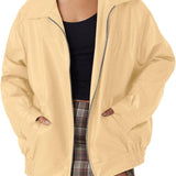 Women's Oversized Faux Leather Bomber Jacket - Relaxed Zip-Up | Autumn - Apricot