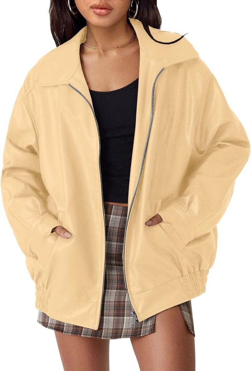 Women's Oversized Faux Leather Bomber Jacket - Relaxed Zip-Up | Autumn - Apricot