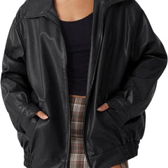 Women's Oversized Faux Leather Bomber Jacket - Relaxed Zip-Up | Autumn - Black