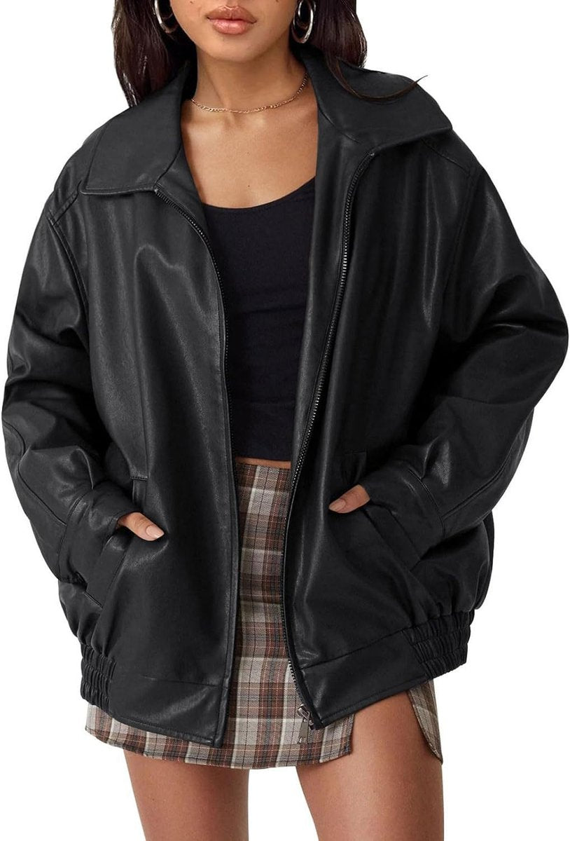 Women's Oversized Faux Leather Bomber Jacket - Relaxed Zip-Up | Autumn - Black