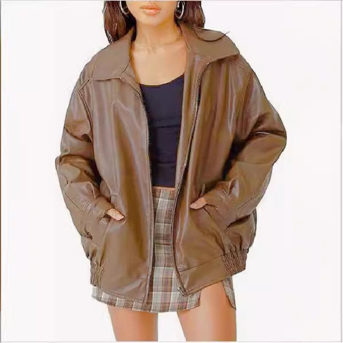 Women's Oversized Faux Leather Bomber Jacket - Relaxed Zip-Up | Autumn - Camel