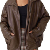 Women's Oversized Faux Leather Bomber Jacket - Relaxed Zip-Up | Autumn - Dark Brown