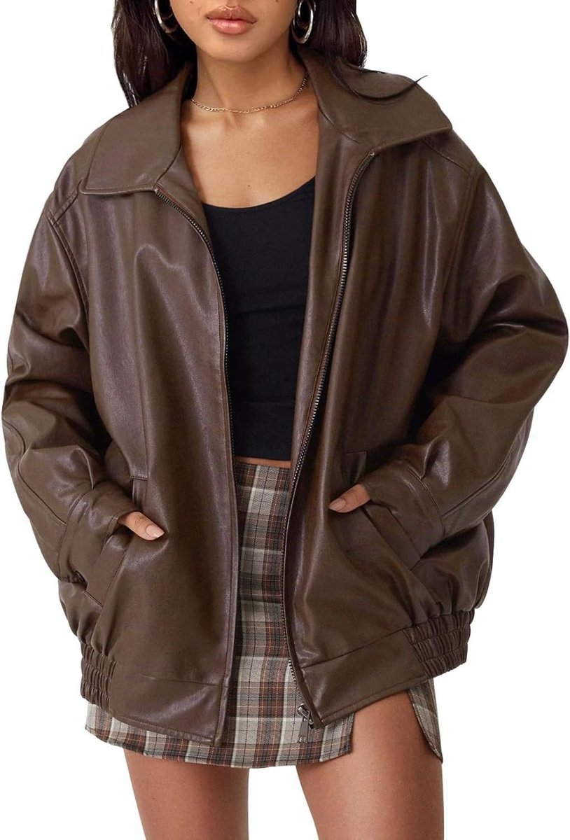 Women's Oversized Faux Leather Bomber Jacket - Relaxed Zip-Up | Autumn - Dark Brown
