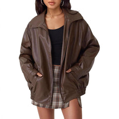 Women's Oversized Faux Leather Bomber Jacket - Relaxed Zip-Up | Autumn