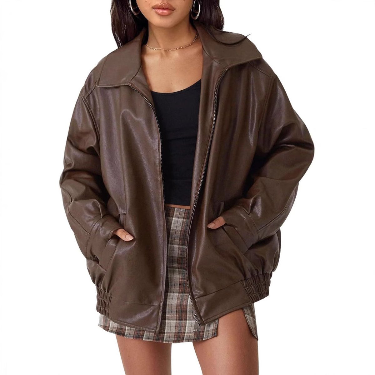 Women's Oversized Faux Leather Bomber Jacket - Relaxed Zip-Up | Autumn