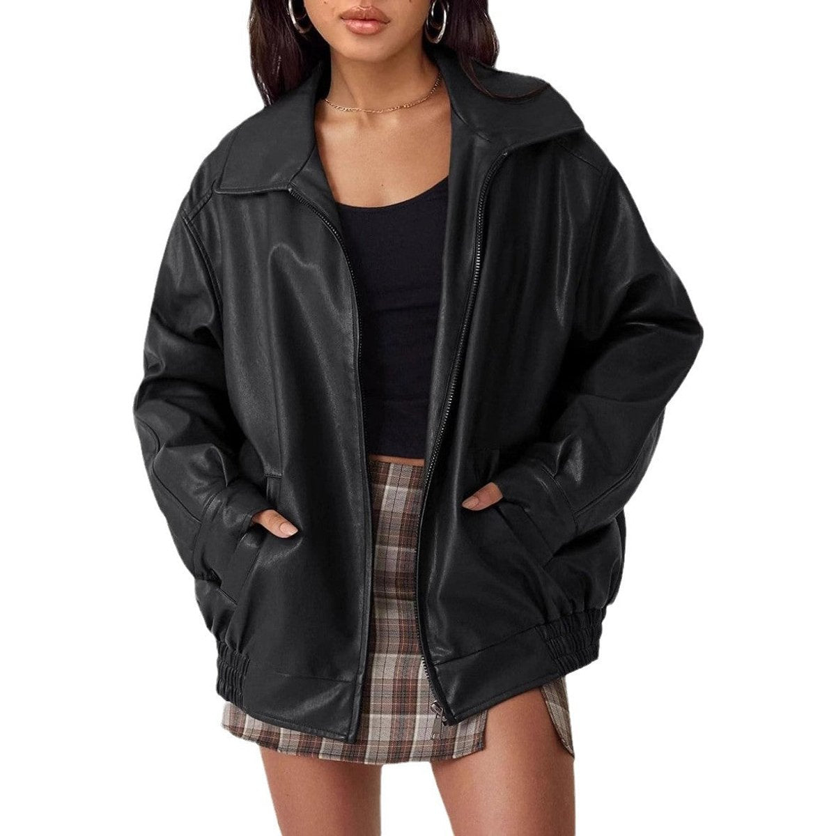 Women's Oversized Faux Leather Bomber Jacket - Relaxed Zip-Up | Autumn