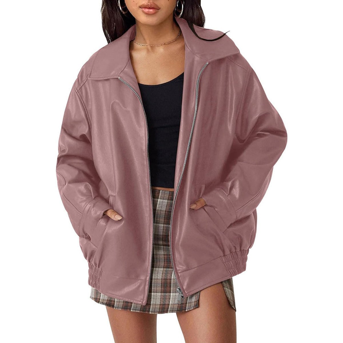 Women's Oversized Faux Leather Bomber Jacket - Relaxed Zip-Up | Autumn