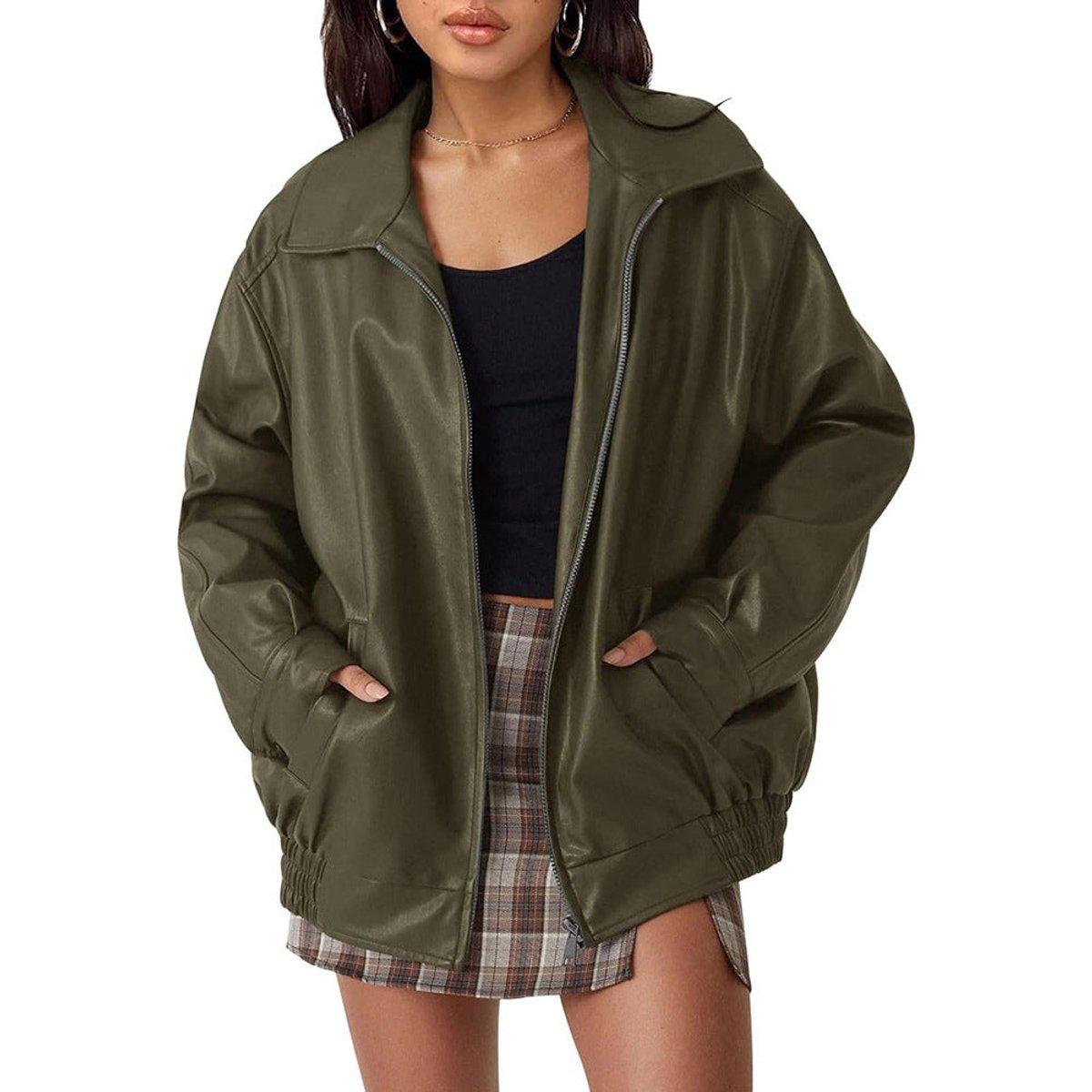 Women's Oversized Faux Leather Bomber Jacket - Relaxed Zip-Up | Autumn - Olive Green