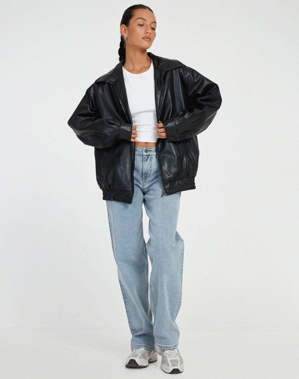 Women's Oversized Faux Leather Jacket | Casual | Autumn - Black