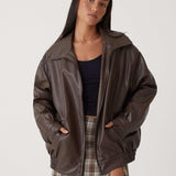 Women's Oversized Faux Leather Jacket | Casual | Autumn - Brown