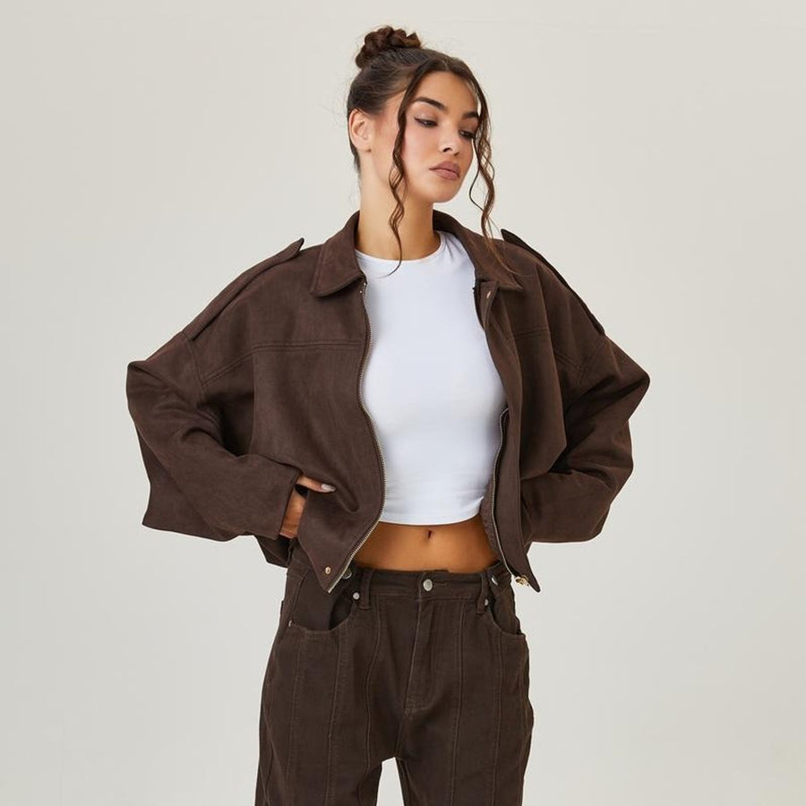 Women's Oversized Faux Suede Bomber Jacket - Vintage-Inspired | Autumn - Brown