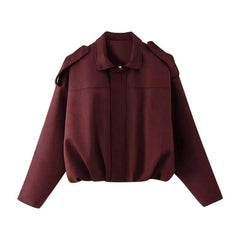 Women's Oversized Faux Suede Bomber Jacket - Vintage-Inspired | Autumn - Burgundy