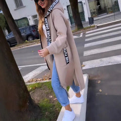 Women's Oversized Hooded Zip Coat - Longline Fit | Autumn - Beige