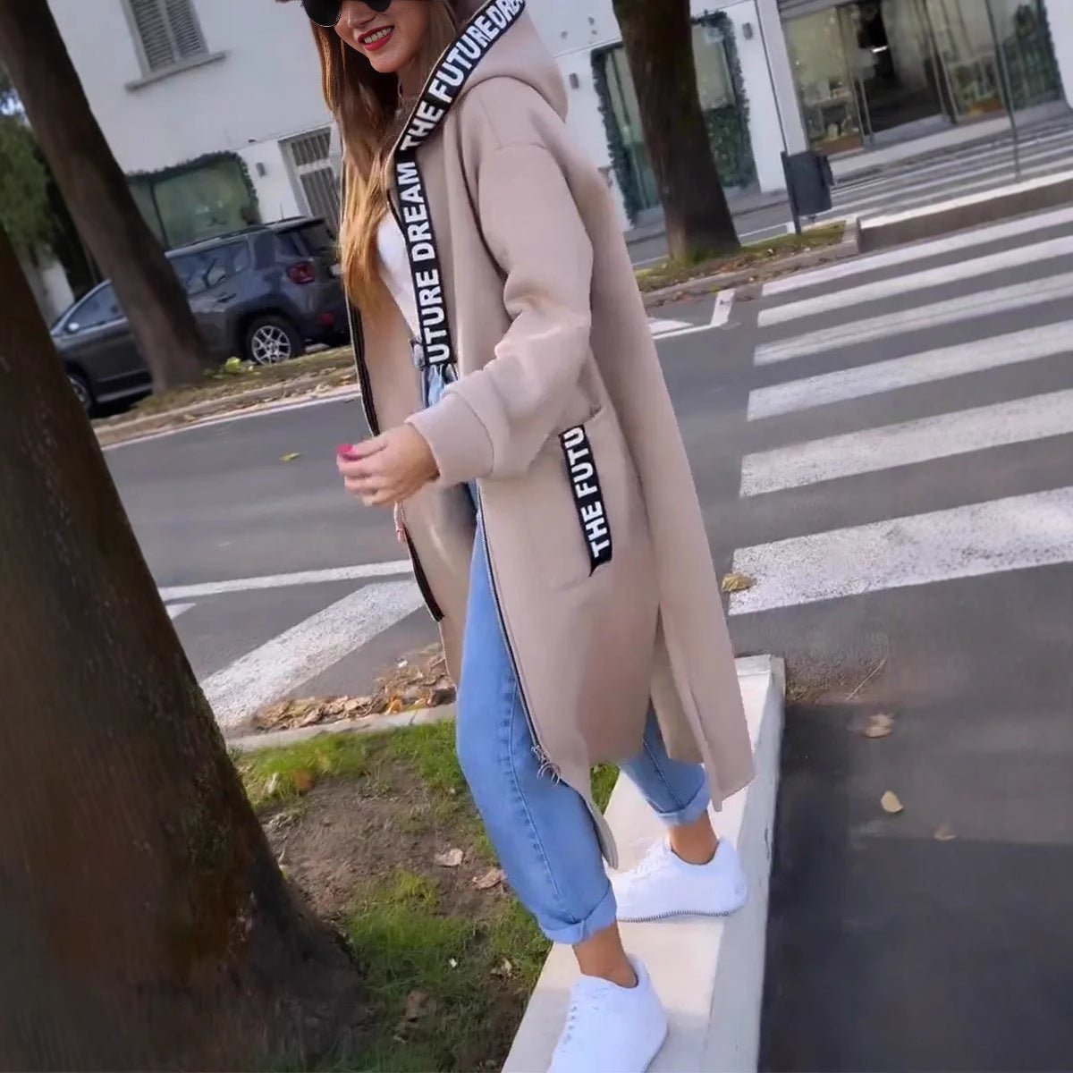 Women's Oversized Hooded Zip Coat - Longline Fit | Autumn - Beige