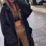 Women's Oversized Hooded Zip Coat - Longline Fit | Autumn - Black