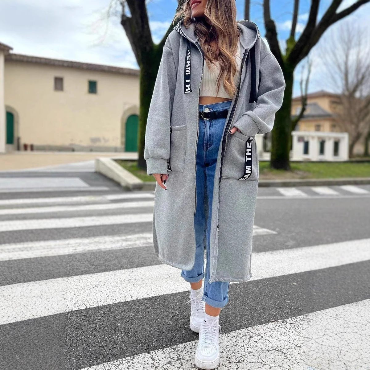 Women's Oversized Hooded Zip Coat - Longline Fit | Autumn - Gray