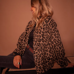 Women's Oversized Leopard Print Quilted Jacket - Snap Button | Autumn