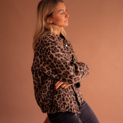 Women's Oversized Leopard Print Quilted Jacket - Snap Button | Autumn