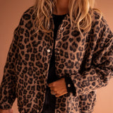 Women's Oversized Leopard Print Quilted Jacket - Snap Button | Autumn - Leopard
