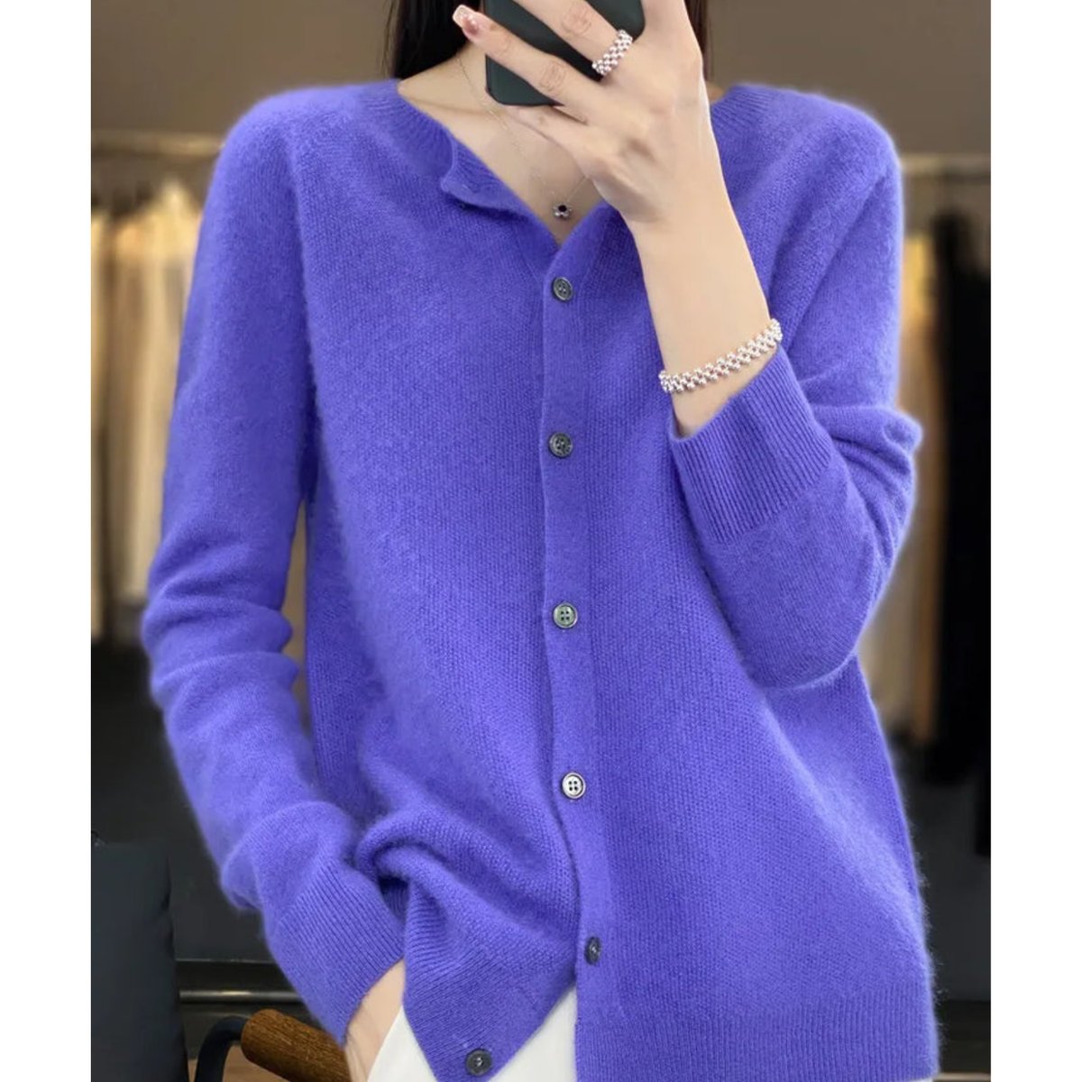 Women's Oversized Merino Wool Cardigan - Button-Front Knit | Autumn - Dark Blue
