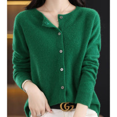 Women's Oversized Merino Wool Cardigan - Button-Front Knit | Autumn - Dark Green