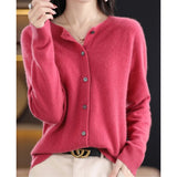 Women's Oversized Merino Wool Cardigan - Button-Front Knit | Autumn - Dark Pink