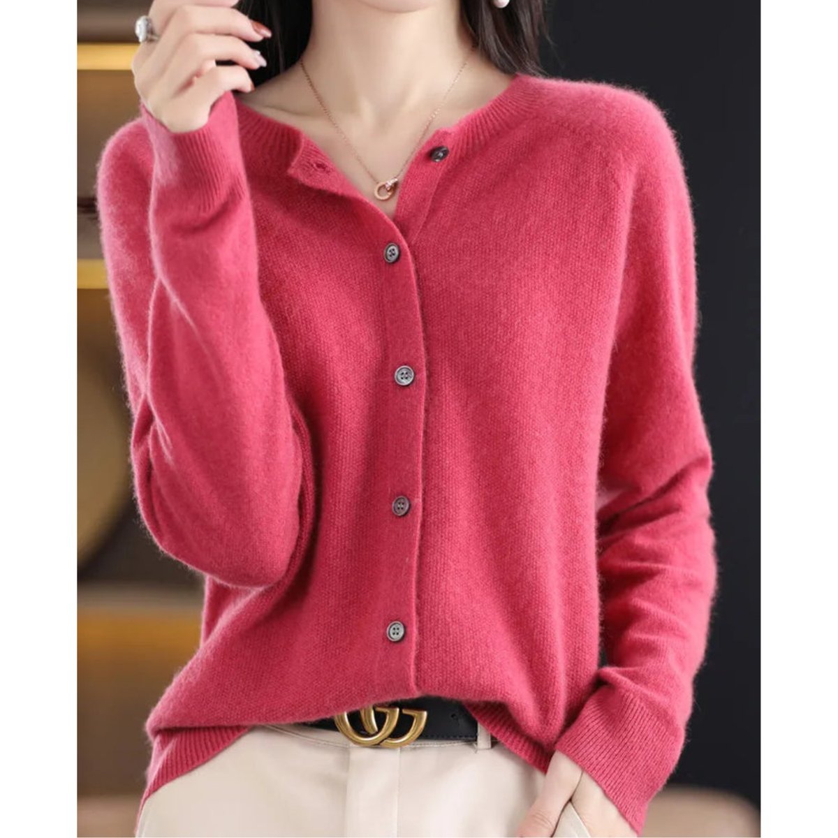 Women's Oversized Merino Wool Cardigan - Button-Front Knit | Autumn - Dark Pink