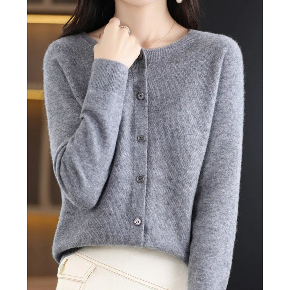Women's Oversized Merino Wool Cardigan - Button-Front Knit | Autumn - Gray
