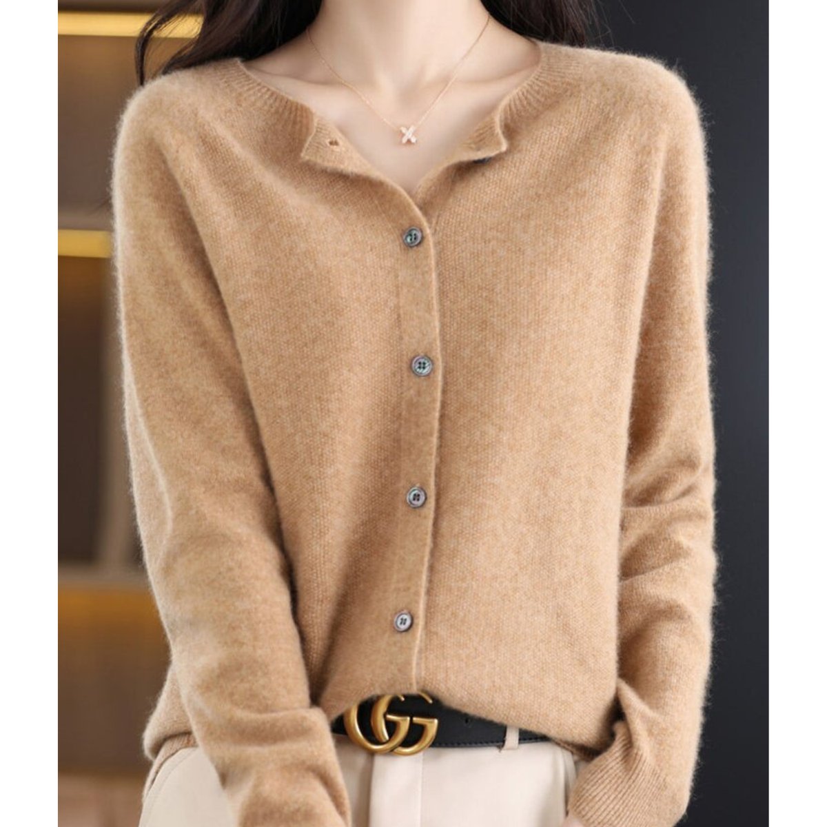 Women's Oversized Merino Wool Cardigan - Button-Front Knit | Autumn - Light Brown