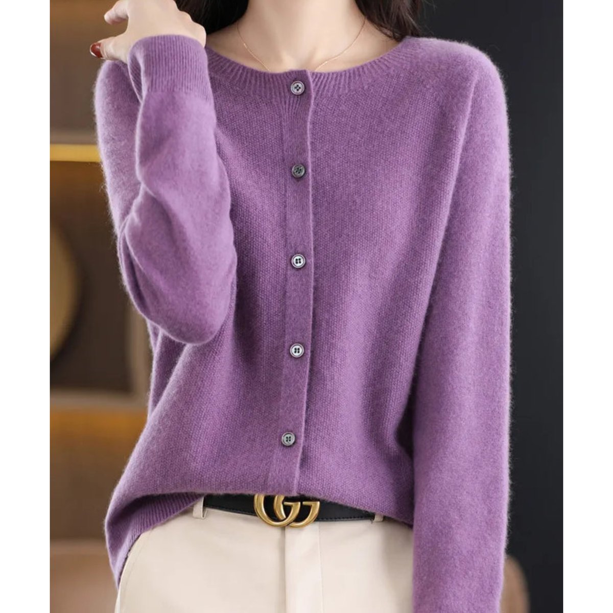 Women's Oversized Merino Wool Cardigan - Button-Front Knit | Autumn - Lilac