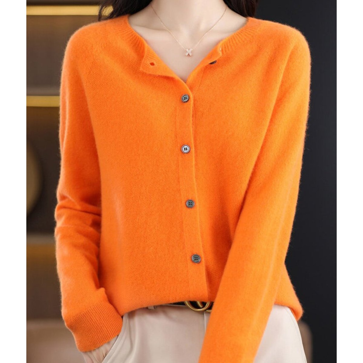 Women's Oversized Merino Wool Cardigan - Button-Front Knit | Autumn - Orange