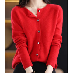 Women's Oversized Merino Wool Cardigan - Button-Front Knit | Autumn - Red