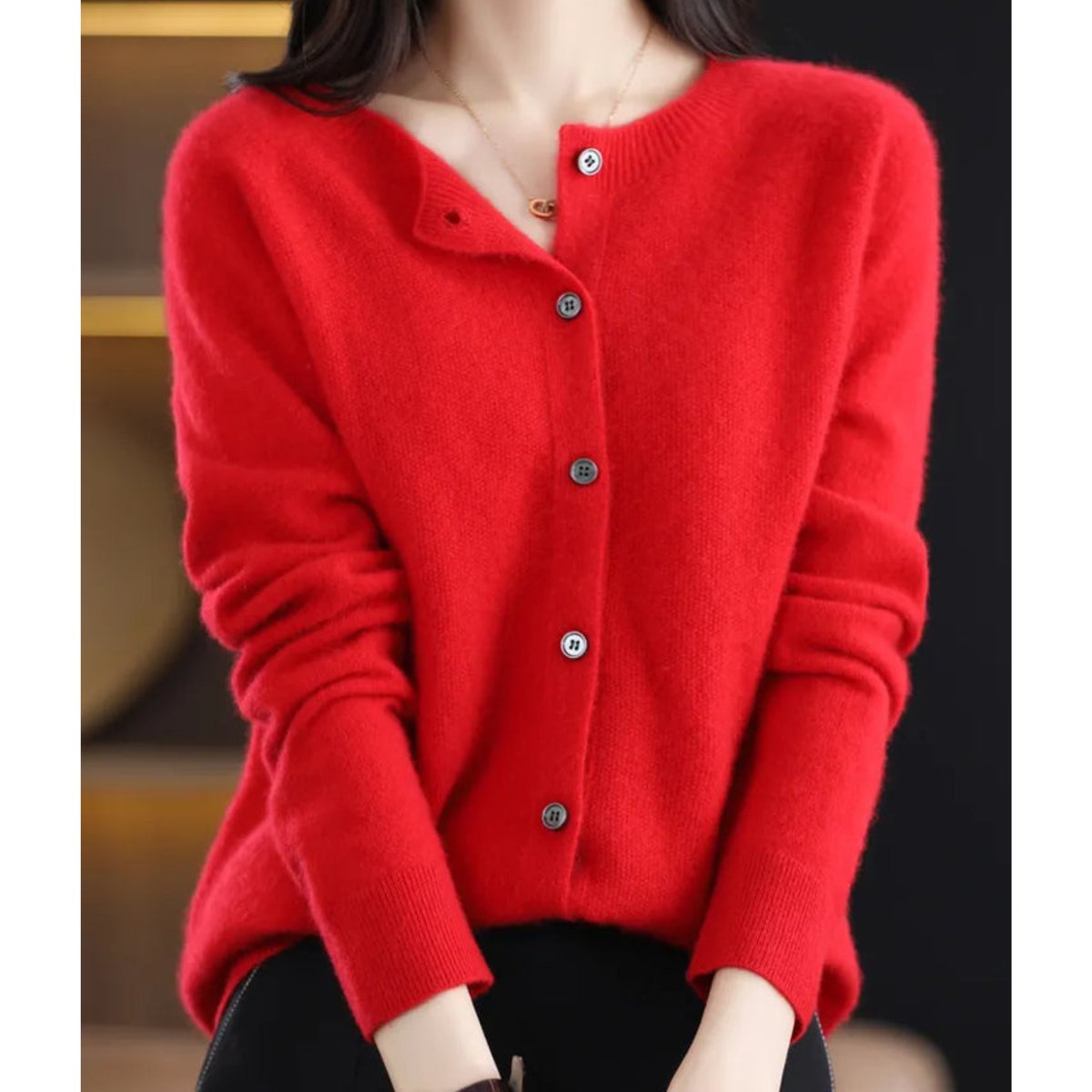 Women's Oversized Merino Wool Cardigan - Button-Front Knit | Autumn - Red