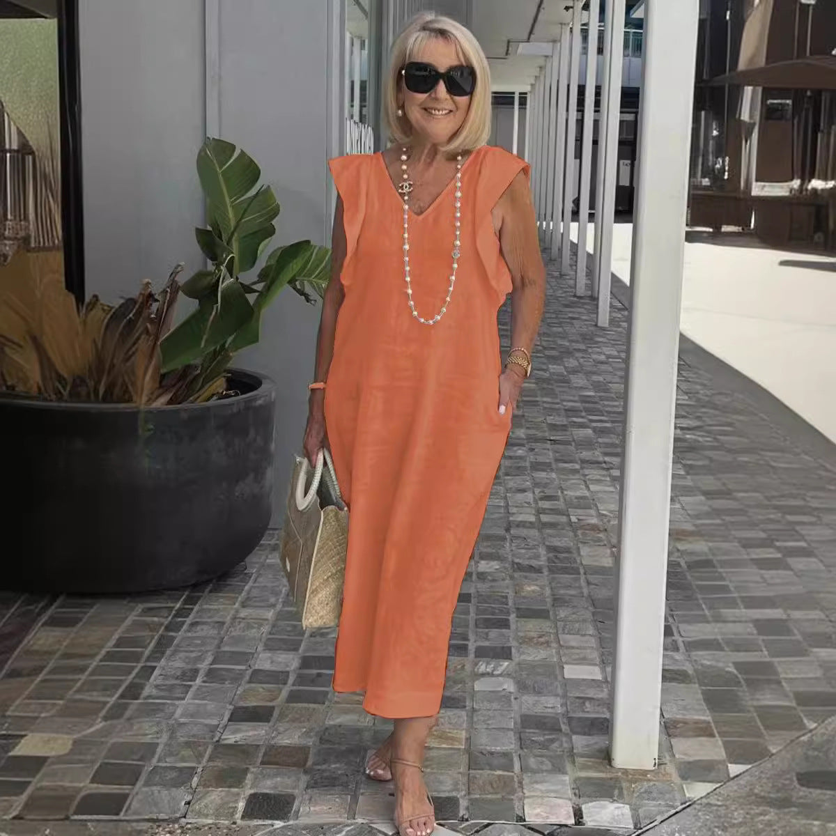 Women's Oversized Midi Dress | Sleeveless | Side Pockets | Summer - Orange