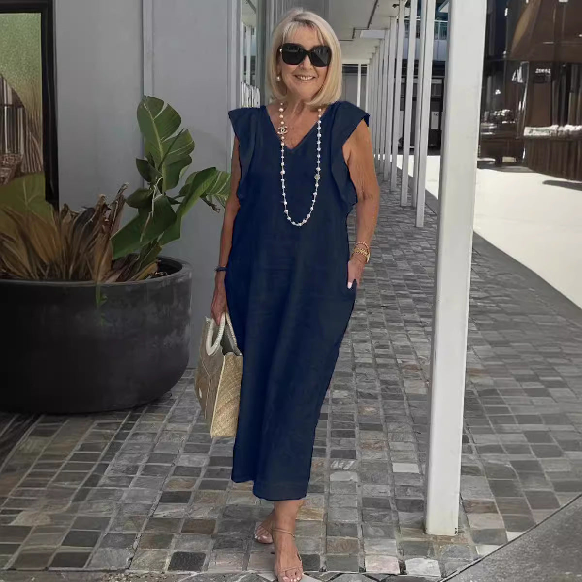 Women's Oversized Midi Dress | Sleeveless | Side Pockets | Summer