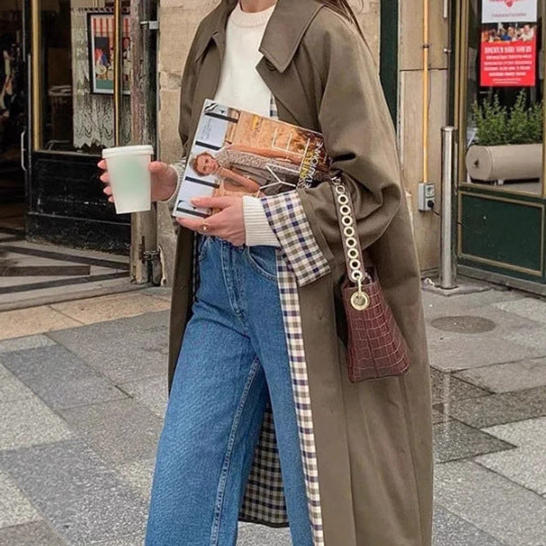 Women's Oversized Plaid-Lined Trench Coat - Khaki | Autumn