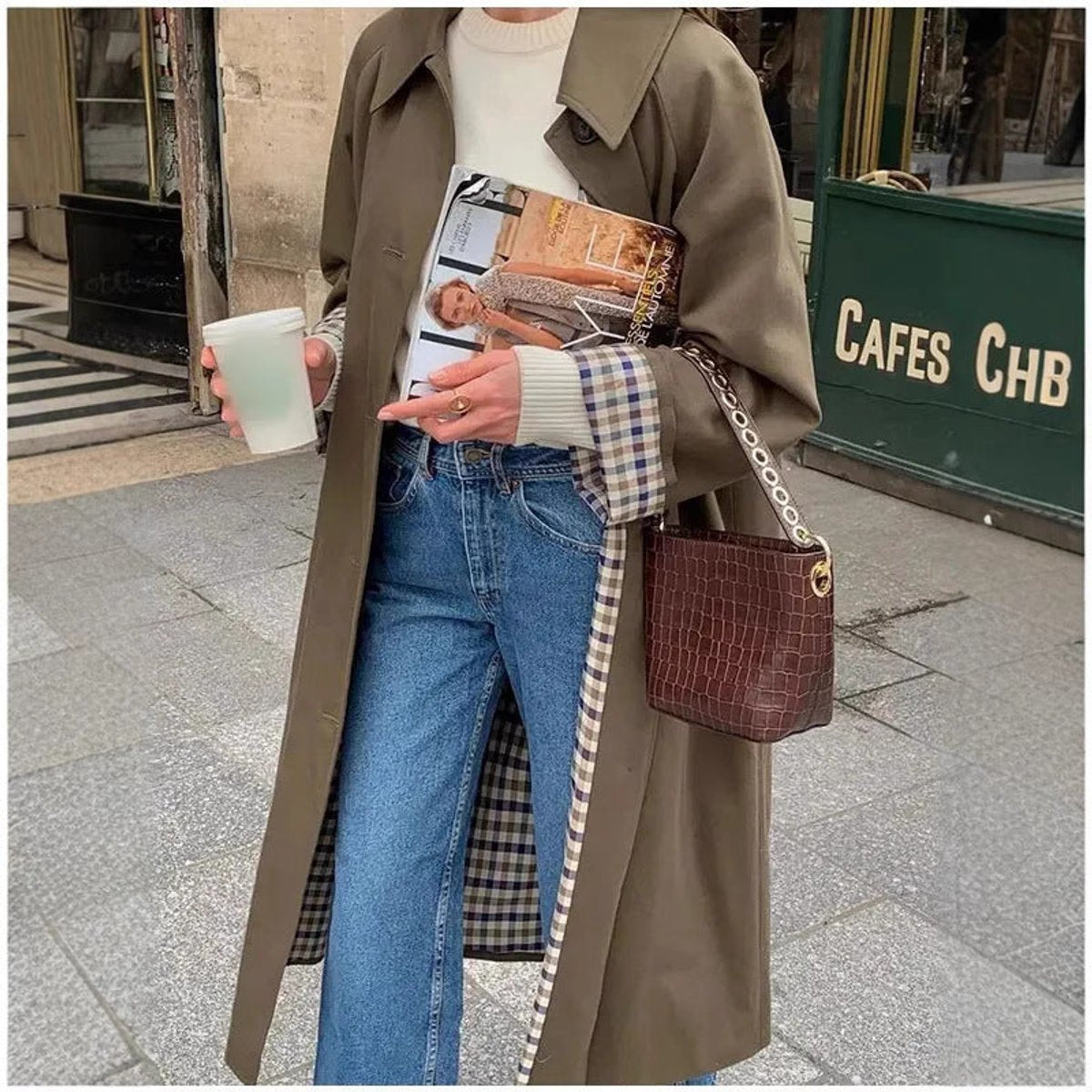 Women's Oversized Plaid-Lined Trench Coat - Khaki | Autumn