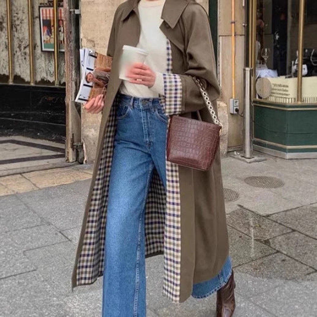 Women's Oversized Plaid-Lined Trench Coat - Khaki | Autumn