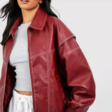 Women's Oversized Quilted Bomber Jacket - Contrast Stitch | Autumn - Wine Red