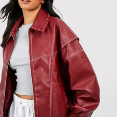 Women's Oversized Quilted Bomber Jacket - Contrast Stitch | Autumn - Wine Red