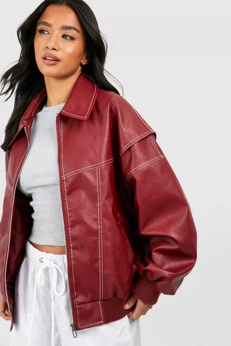 Women's Oversized Quilted Bomber Jacket - Contrast Stitch | Autumn - Wine Red