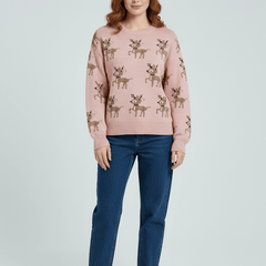 Women's Oversized Reindeer Sweater | Jacquard Knit | Winter - Pink