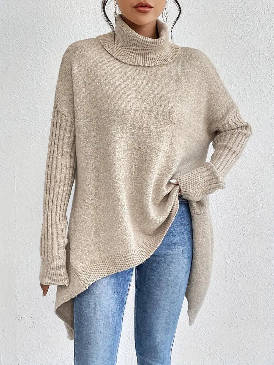 Women's Oversized Ribbed Turtleneck Sweater - High-Low Hem | Autumn