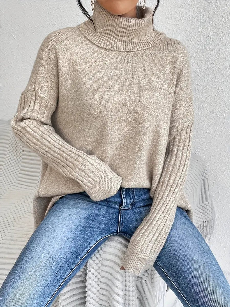 Women's Oversized Ribbed Turtleneck Sweater - High-Low Hem | Autumn